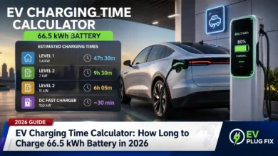 EV charging time calculation for 66.5 kWh battery with 22 kW charger display screen showing charging status