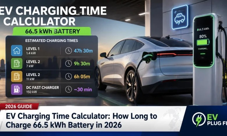 EV charging time calculation for 66.5 kWh battery with 22 kW charger display screen showing charging status