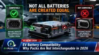 Close-up of various EV battery packs from different manufacturers showing distinct physical shapes and connector types