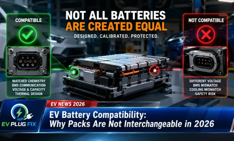 Close-up of various EV battery packs from different manufacturers showing distinct physical shapes and connector types