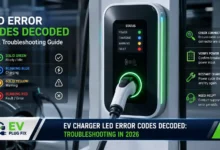 Close-up of EV charger LED displaying red error code on wall-mounted unit