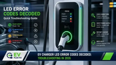 Close-up of EV charger LED displaying red error code on wall-mounted unit