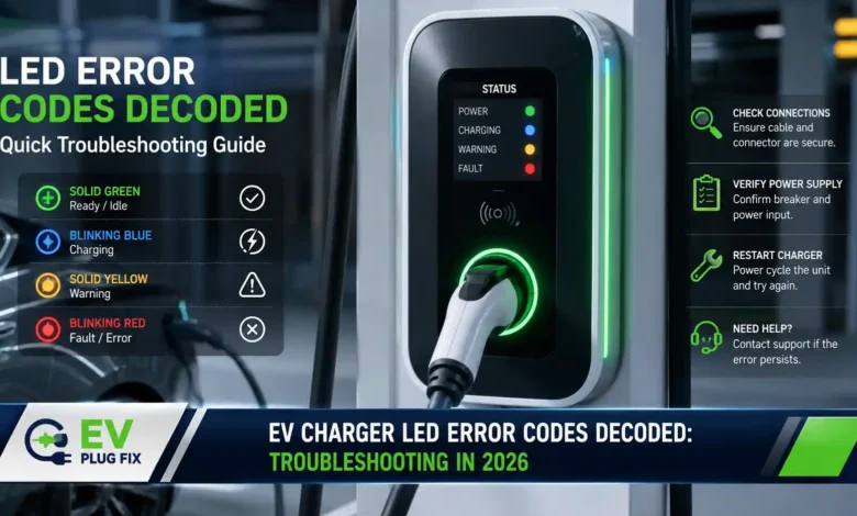 Close-up of EV charger LED displaying red error code on wall-mounted unit