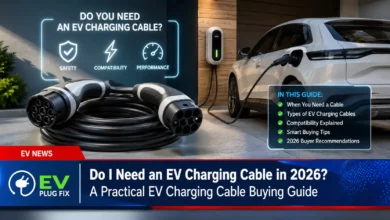 New electric vehicle owner holding a Type 2 charging cable ready to plug into a public charging station in 2026