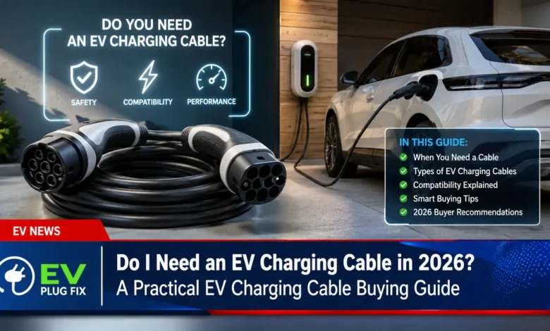New electric vehicle owner holding a Type 2 charging cable ready to plug into a public charging station in 2026