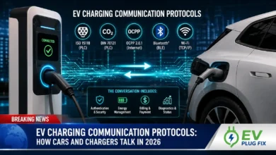 EV plugged into a charging station with digital data streams visualizing the communication handshake between the car and charger