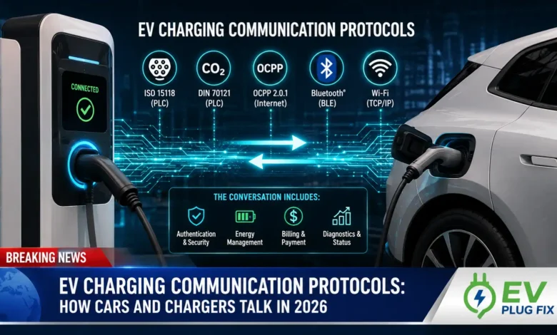 EV plugged into a charging station with digital data streams visualizing the communication handshake between the car and charger