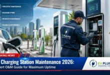 EV charging station maintenance with technician inspecting charger components