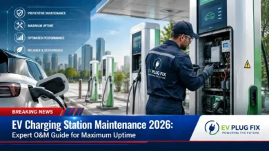 EV charging station maintenance with technician inspecting charger components