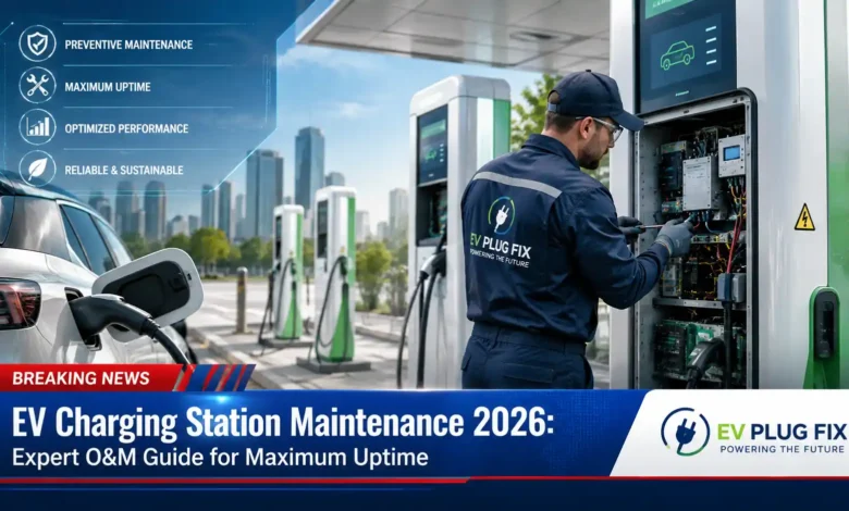 EV charging station maintenance with technician inspecting charger components