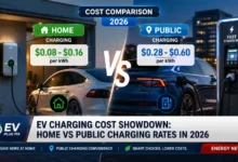 EV plugged into home charger with cost comparison chart showing residential vs public charging rates 2026