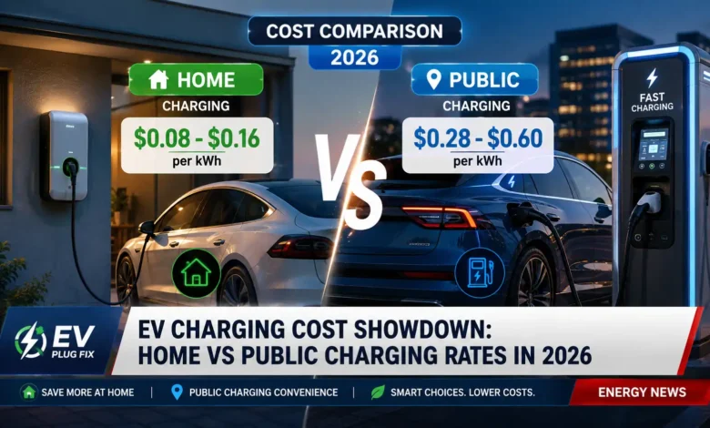 EV plugged into home charger with cost comparison chart showing residential vs public charging rates 2026