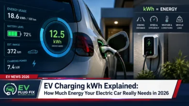 Modern electric vehicle connected to a Level 2 home charging station displaying kWh energy transfer data on a smartphone app in a residential garage