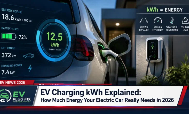 Modern electric vehicle connected to a Level 2 home charging station displaying kWh energy transfer data on a smartphone app in a residential garage