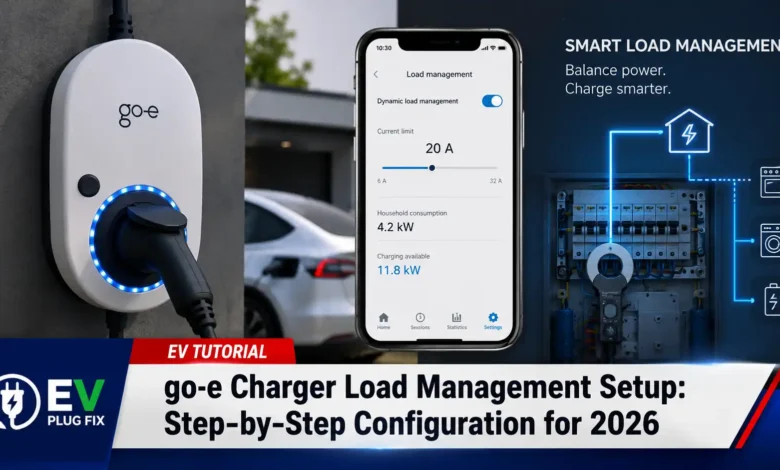go-e charger load management setup dashboard showing group configuration and current limits