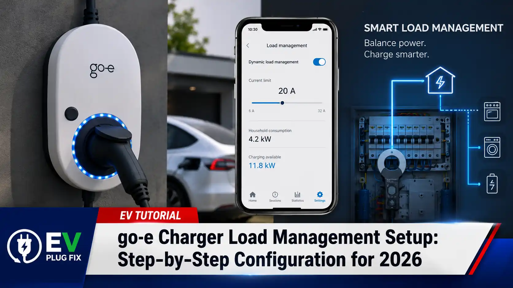 Smart EV charger with load management display showing power distribution