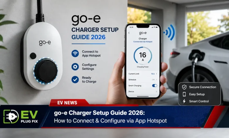 go-e charger setup via smartphone app showing hotspot connection and configuration screen 2026