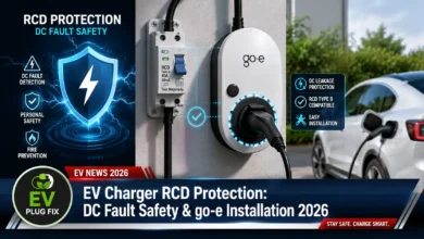 Modern go-e Gemini EV charger wallbox installation setup with safety icons overlay
