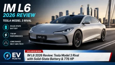 IM L6 2026 electric fastback sedan parked beside Tesla Model 3 showing size comparison and sporty design