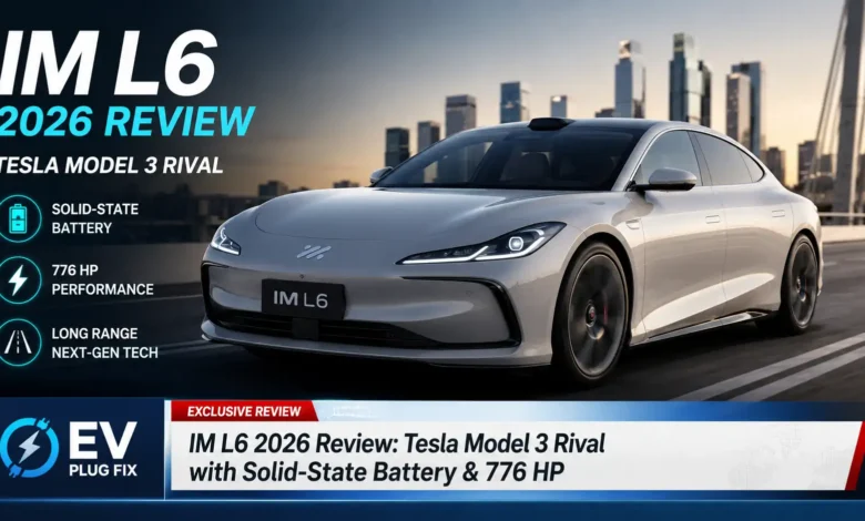 IM L6 2026 electric fastback sedan parked beside Tesla Model 3 showing size comparison and sporty design
