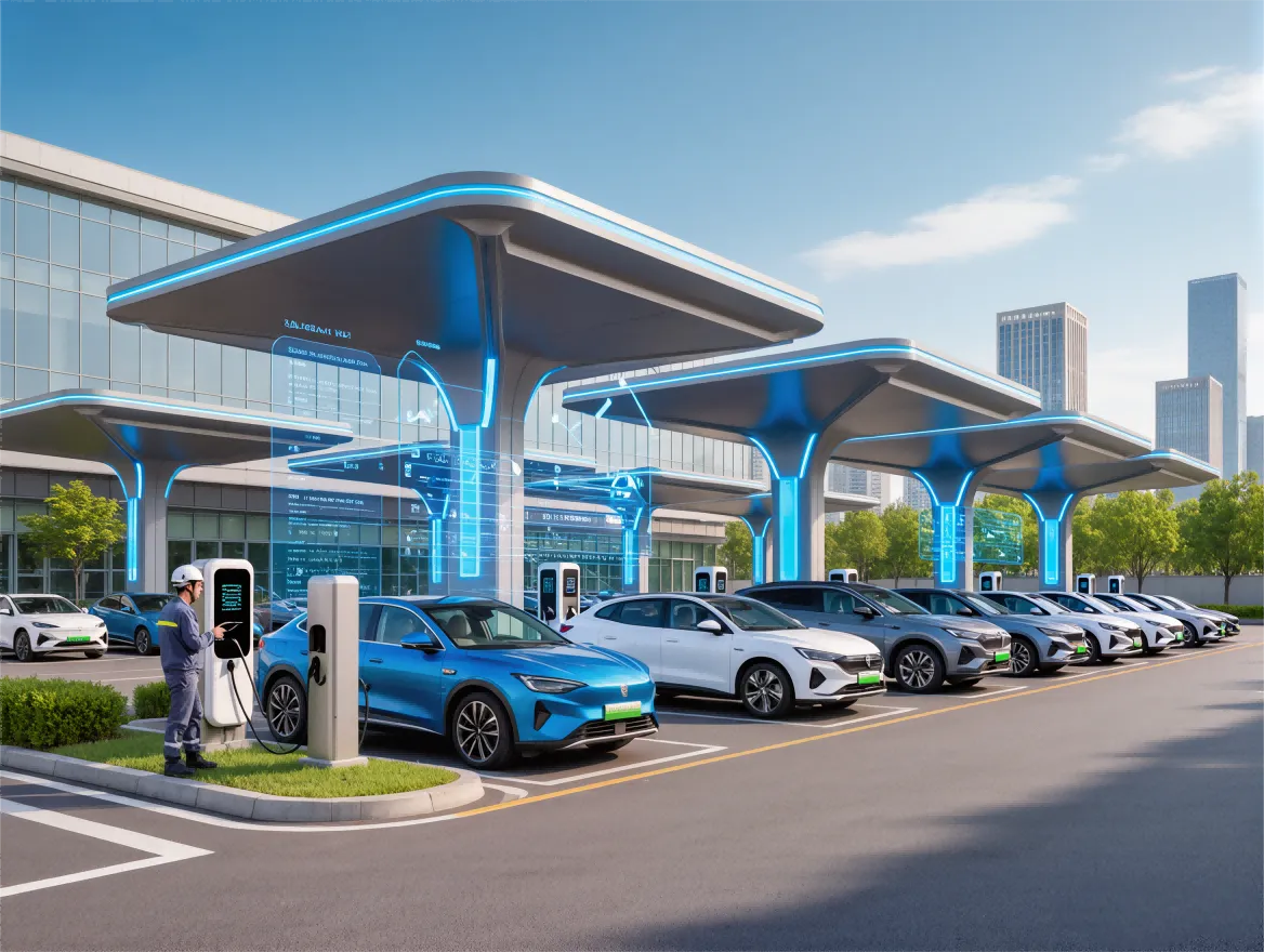 Technician performing diagnostic check on commercial EV charging station components