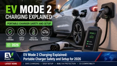Mode 2 EV charging cable connected to a red CEE industrial socket for portable electric vehicle charging