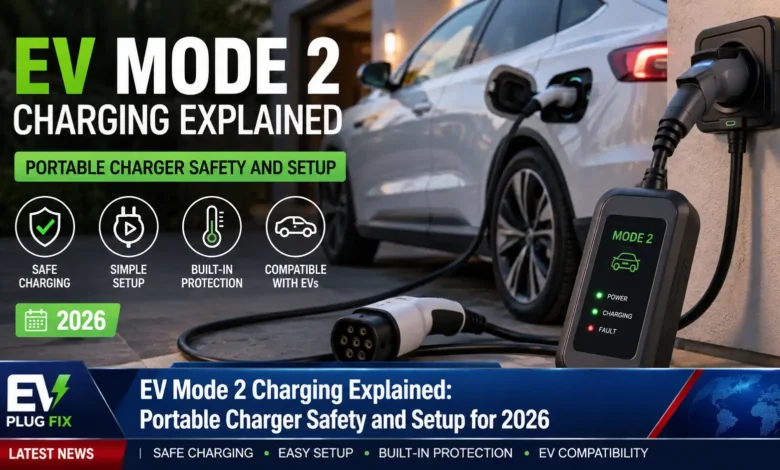 Mode 2 EV charging cable connected to a red CEE industrial socket for portable electric vehicle charging