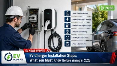 Modern EV charger installation on a residential garage wall with charging cable connected to electric vehicle