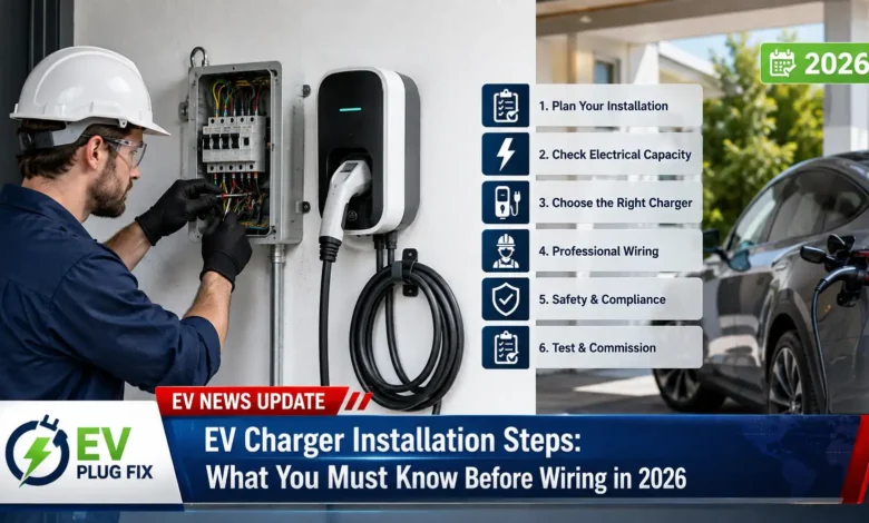 Modern EV charger installation on a residential garage wall with charging cable connected to electric vehicle