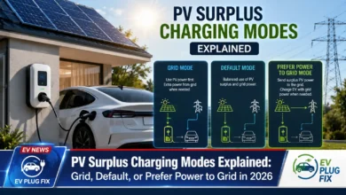 Modern EV charging station connected to solar panels showing PV surplus charging modes and phase switching options