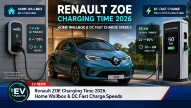 Renault ZOE plugged into a go-e home wallbox charger in a modern garage showing the charging process