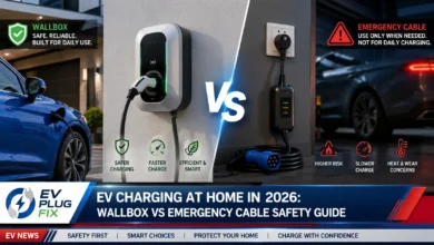 Modern electric vehicle charging at home with a wallbox charging station in a residential garage in 2026
