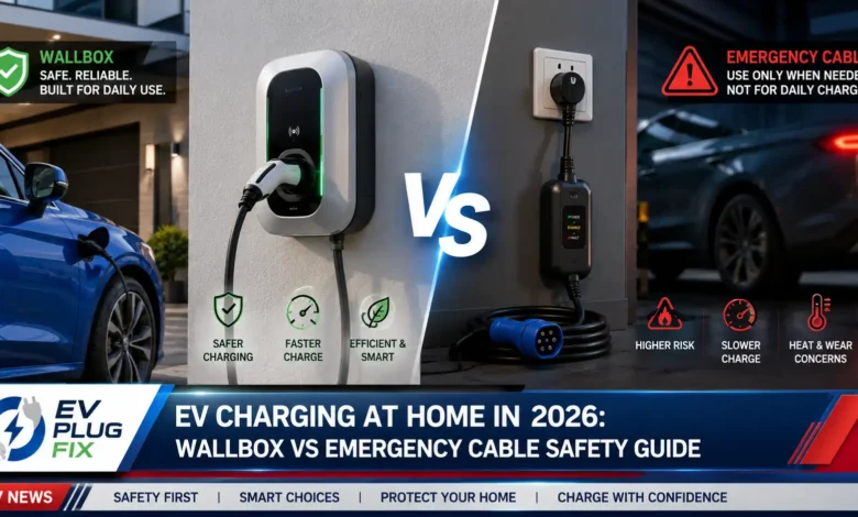 Modern electric vehicle charging at home with a wallbox charging station in a residential garage in 2026