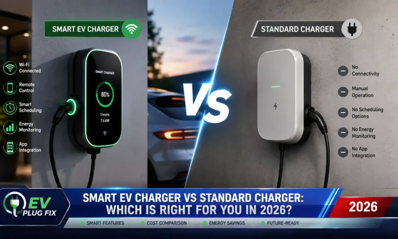 Modern smart EV charger wallbox installed in a residential garage with app control interface on a smartphone, highlighting the difference between smart and standard charging technology