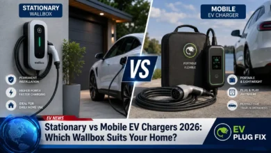 Modern stationary wallbox EV charger installed on a home garage wall in 2026