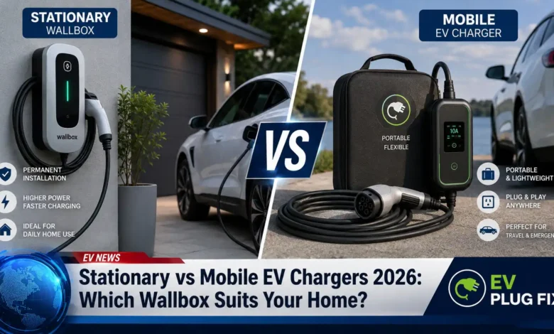 Modern stationary wallbox EV charger installed on a home garage wall in 2026