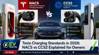 Tesla NACS and CCS2 charging connector comparison for North America and Europe in 2026