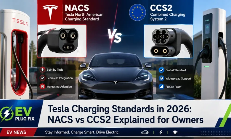Tesla NACS and CCS2 charging connector comparison for North America and Europe in 2026