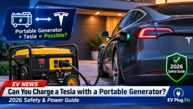 Portable generator connected to a Tesla Model Y for emergency charging in a driveway setup 2026