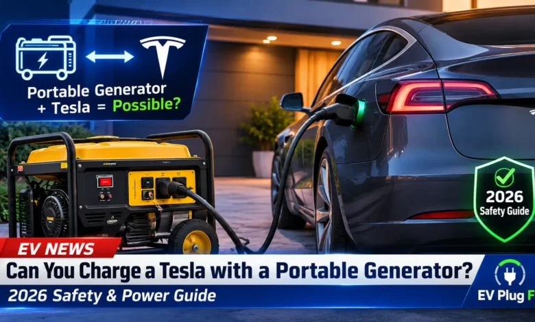 Portable generator connected to a Tesla Model Y for emergency charging in a driveway setup 2026