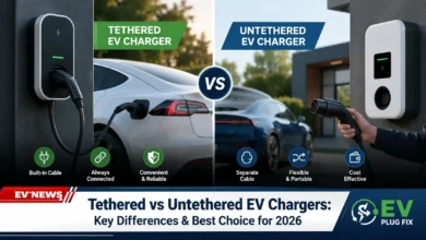 Close-up comparison of tethered vs untethered EV chargers wall-mounted, showing integrated cable and socketed unit