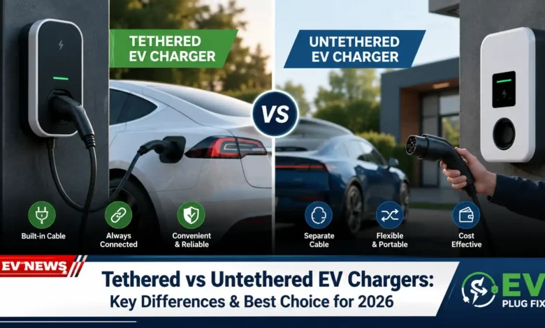 Close-up comparison of tethered vs untethered EV chargers wall-mounted, showing integrated cable and socketed unit