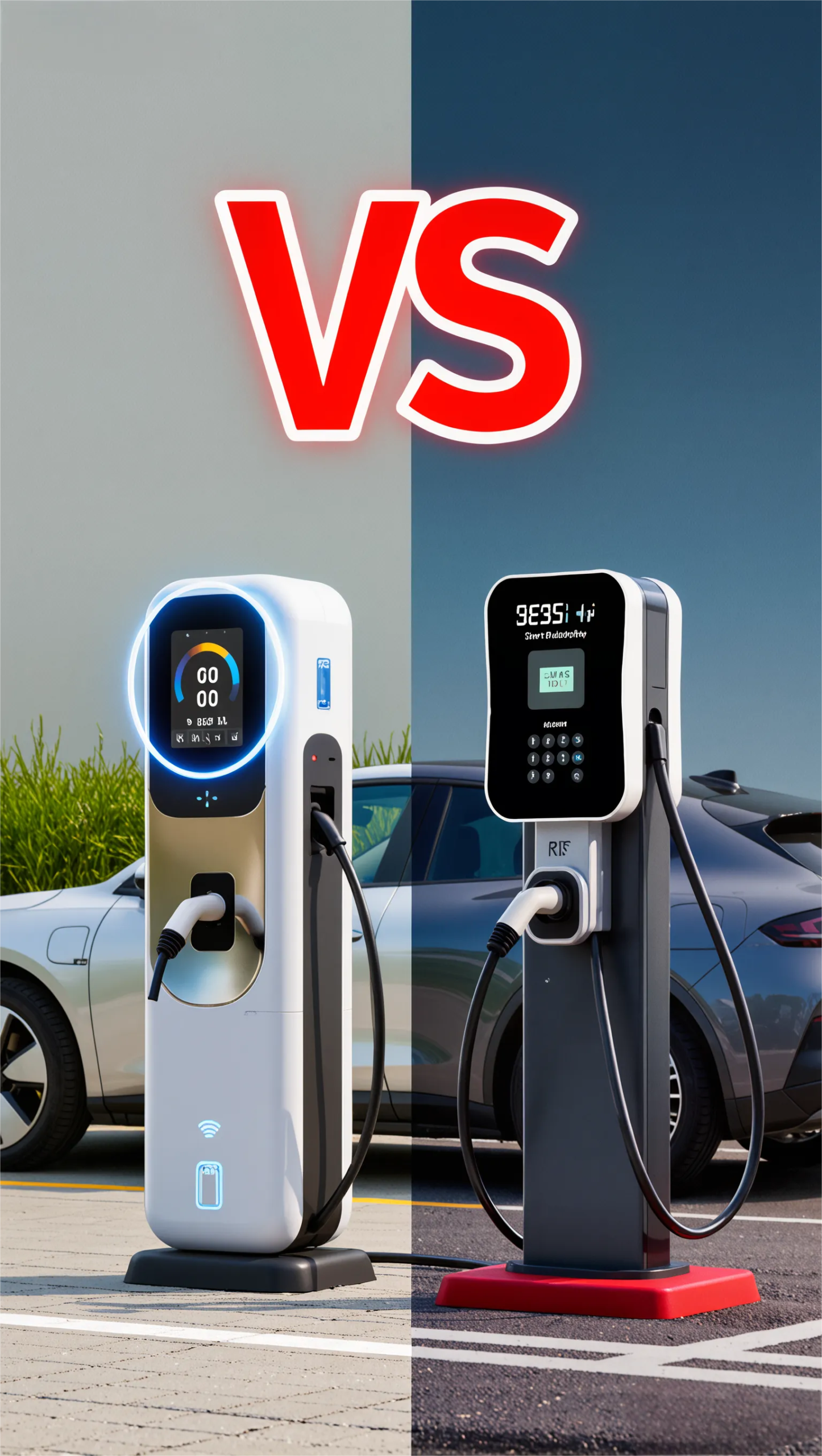 Infographic comparing smart EV charger and standard charger features like scheduling, load management, and remote monitoring