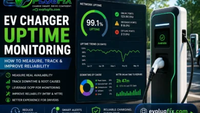 EV charger uptime monitoring dashboard showing reliability and downtime metrics