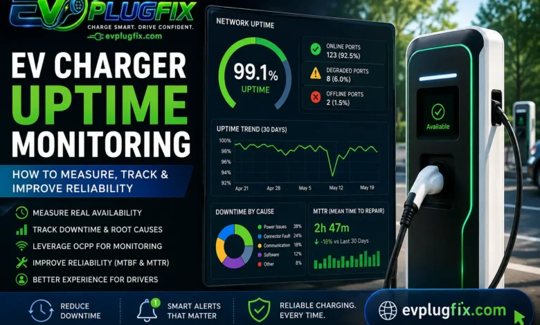 EV charger uptime monitoring dashboard showing reliability and downtime metrics