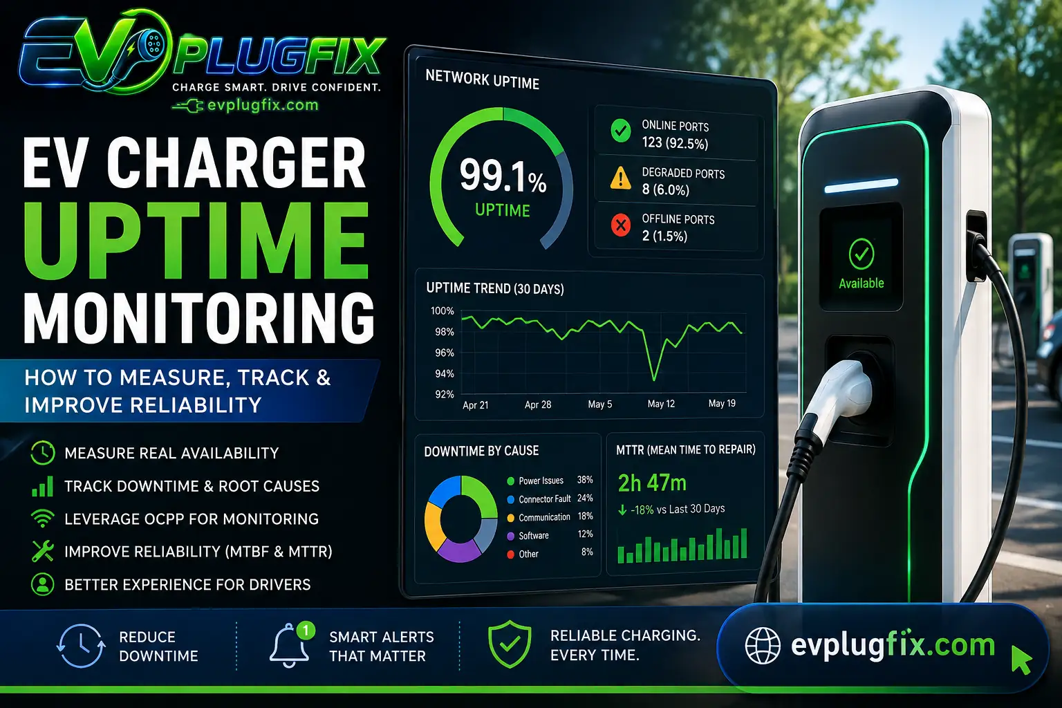 EV charger uptime monitoring dashboard showing reliability and downtime metrics