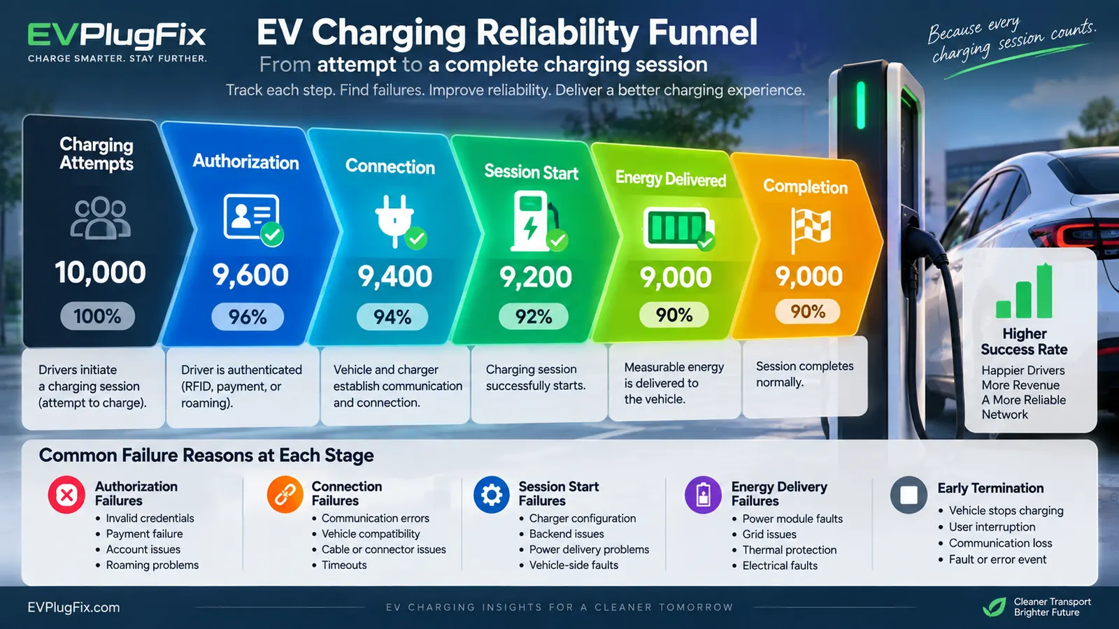 EV charging reliability funnel showing charging attempts, authorization, session start, energy delivery, and completion